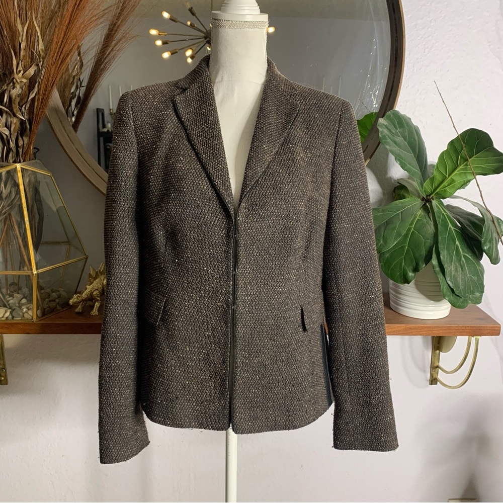 Akris Brown Wool Boucle Zipper Leather Trim detail blazer jacket size 12 $1700